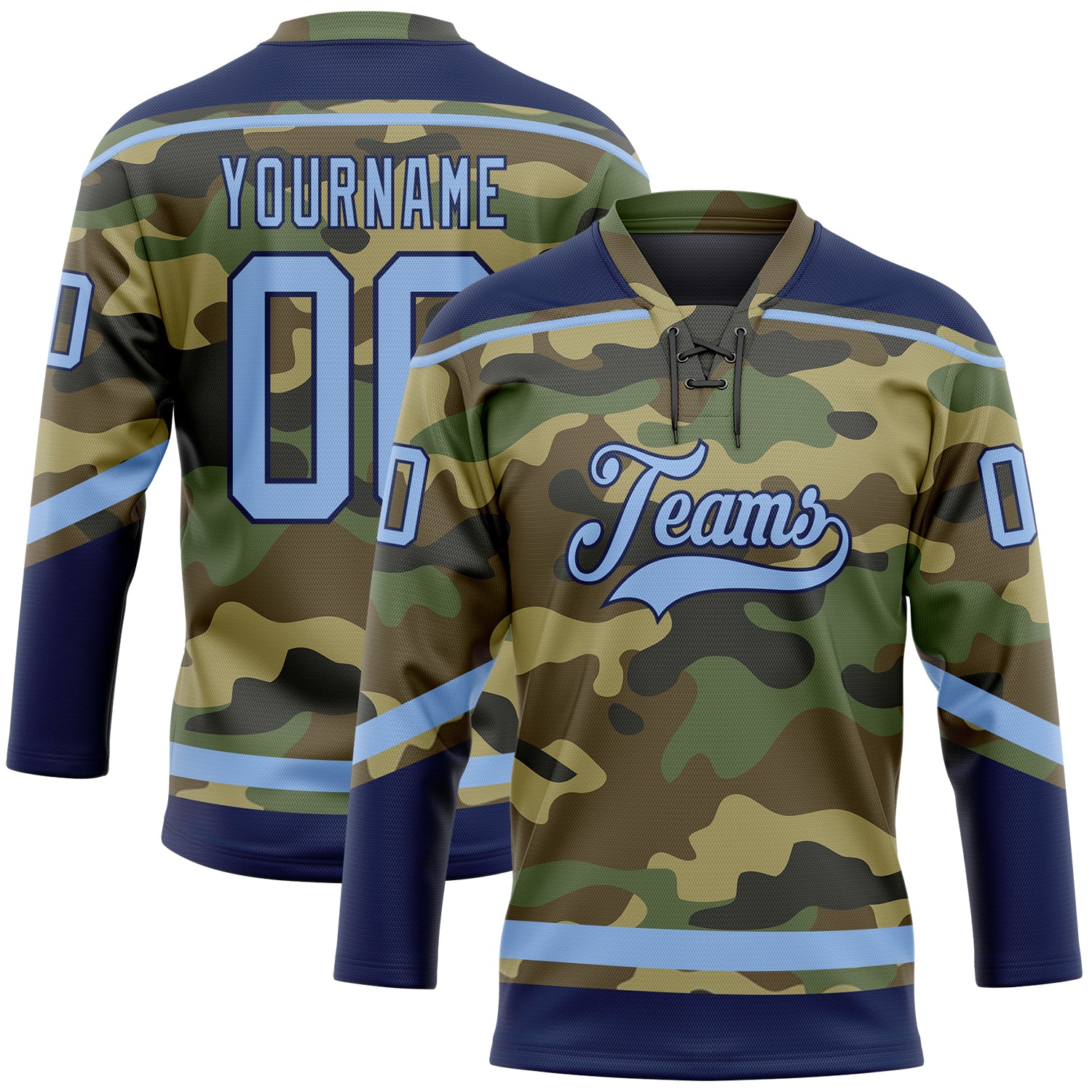 Custom Name and Number Hockey Jersey in Light Blue and Navy Camo - Salute to Service Lace Neck Team Apparel Personalized