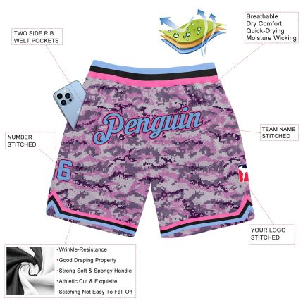 Custom Name and Number Personalized Camo Basketball Shorts in Light Blue-Pink | Authentic Salute To Service Personalized