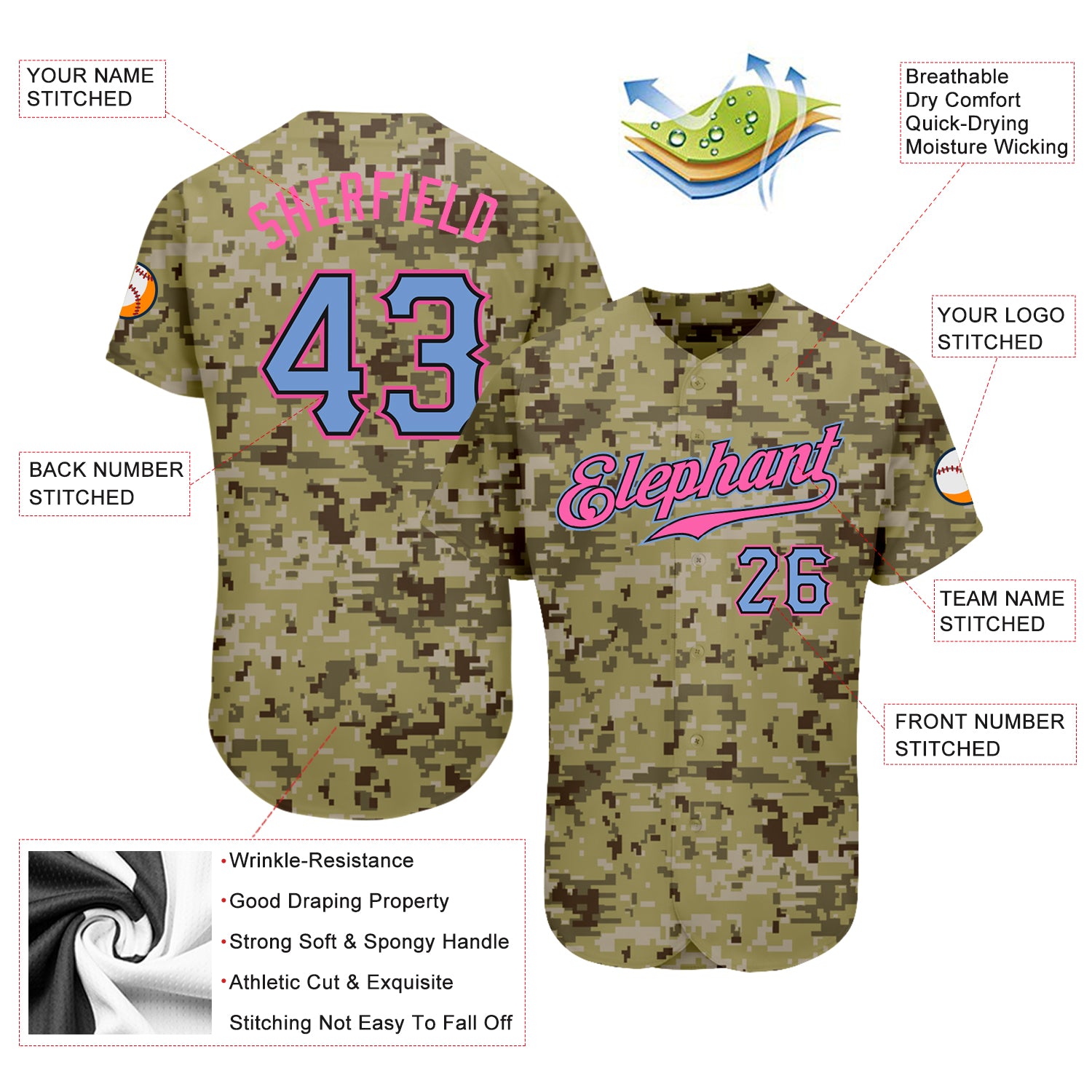 Personalized Camo Light Blue-Pink Salute To Service Baseball Jersey 3 Personalized Camo Baseball Jersey in Light Blue-Pink, Salute to Service Design, Size 3 Personalized Camo Light Blue-Pink - Image 3