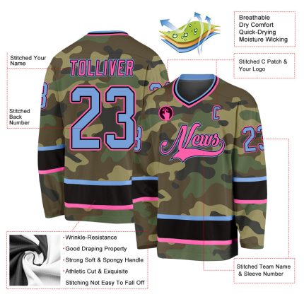 Personalized Salute To Service Hockey Jersey - Light Blue-Pink Camo Custom Name & Number Personalized Camo Light Blue-Pink