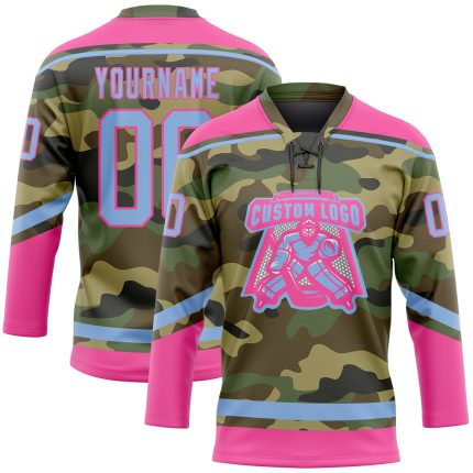 Custom Name Number Personalized Hockey Jersey Light Blue Pink Camo Salute to Service Lace Neck Team Personalized Camo Light