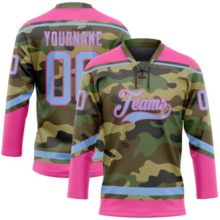 Custom Name Number Personalized Hockey Jersey Light Blue Pink Camo Salute to Service Lace Neck Team Personalized Camo Light