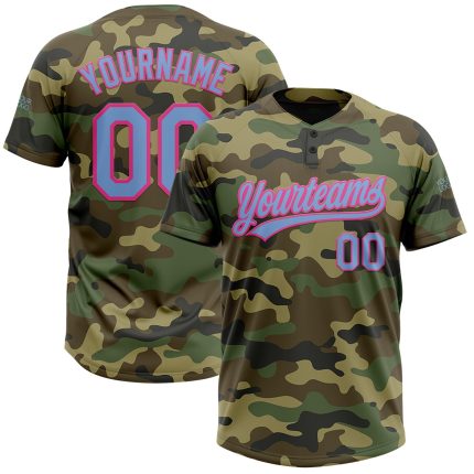 Personalized Light Blue Pink Camo Salute to Service Softball Jersey Unisex Two-Button Design Personalized Camo Light Blue-Pink