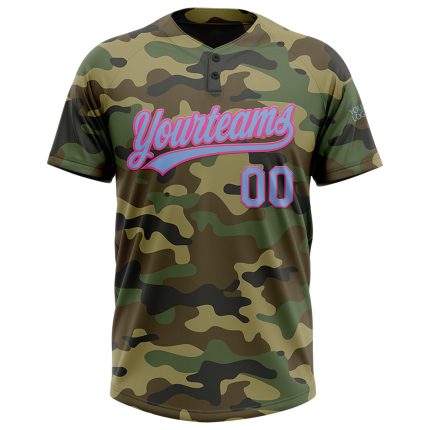 Personalized Light Blue Pink Camo Salute to Service Softball Jersey Unisex Two-Button Design Personalized Camo Light Blue-Pink