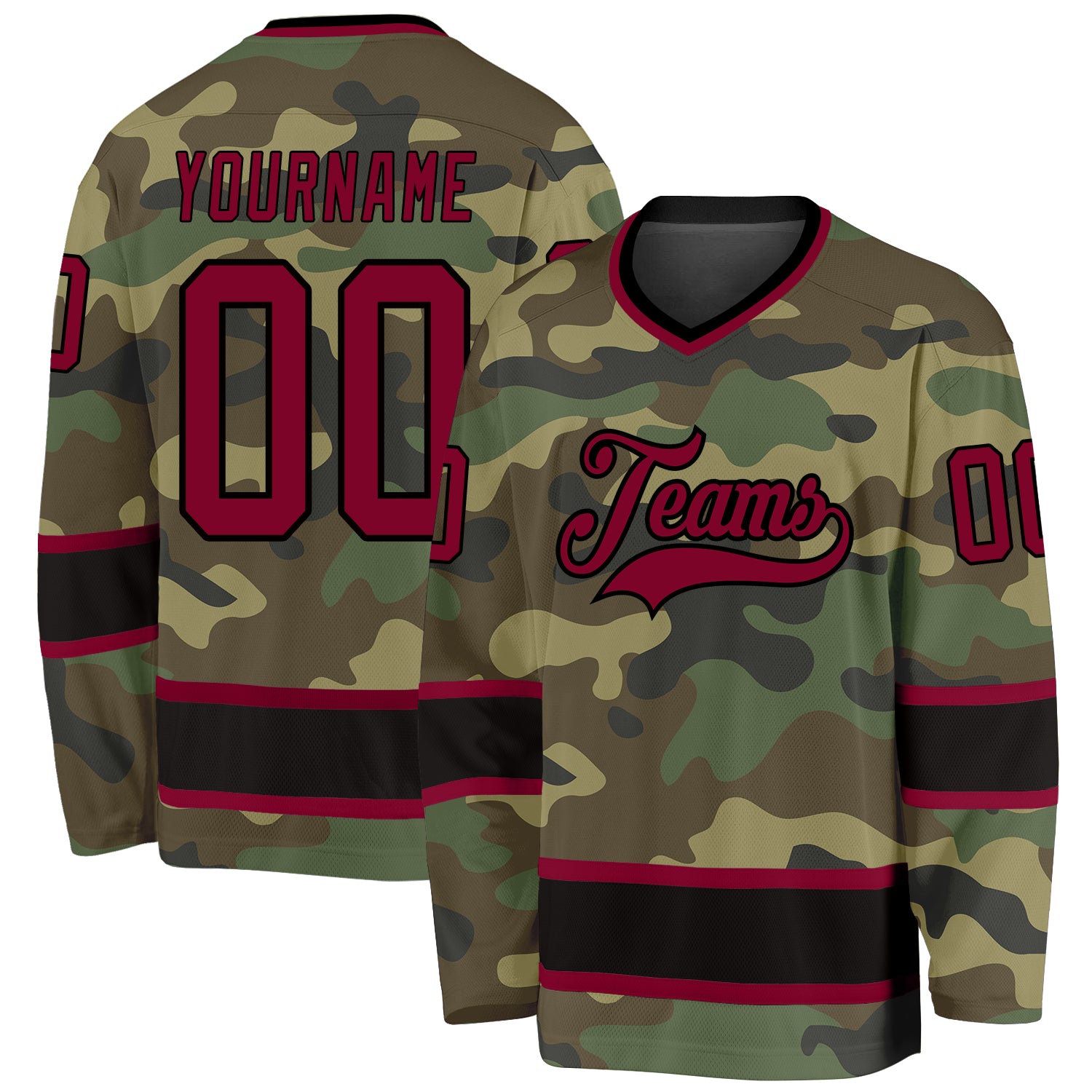 Personalized Camo Hockey Jersey in Maroon & Black, Salute To Service Design Personalized Camo Maroon-Black Salute To Service