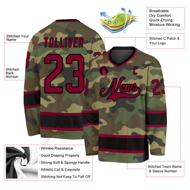 Personalized Camo Hockey Jersey in Maroon & Black, Salute To Service Design Personalized Camo Maroon-Black Salute To Service