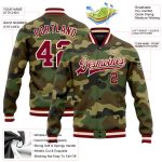 Personalized Camo Bomber Jacket Maroon-Cream Full-Snap Varsity Letterman Salute to Service Personalized Camo Maroon-Cream