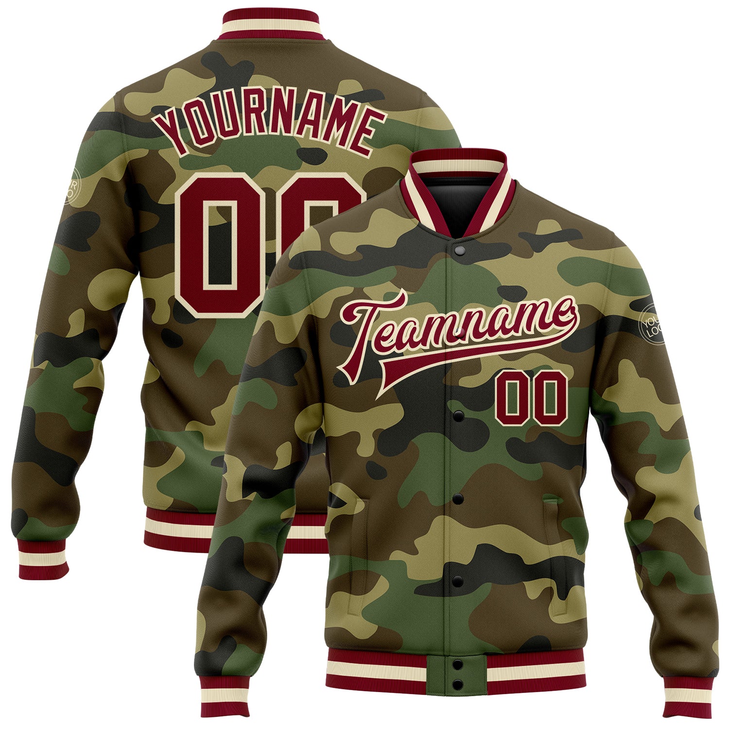 Personalized Camo Bomber Jacket Maroon-Cream Full-Snap Varsity Letterman Salute to Service Personalized Camo Maroon-Cream