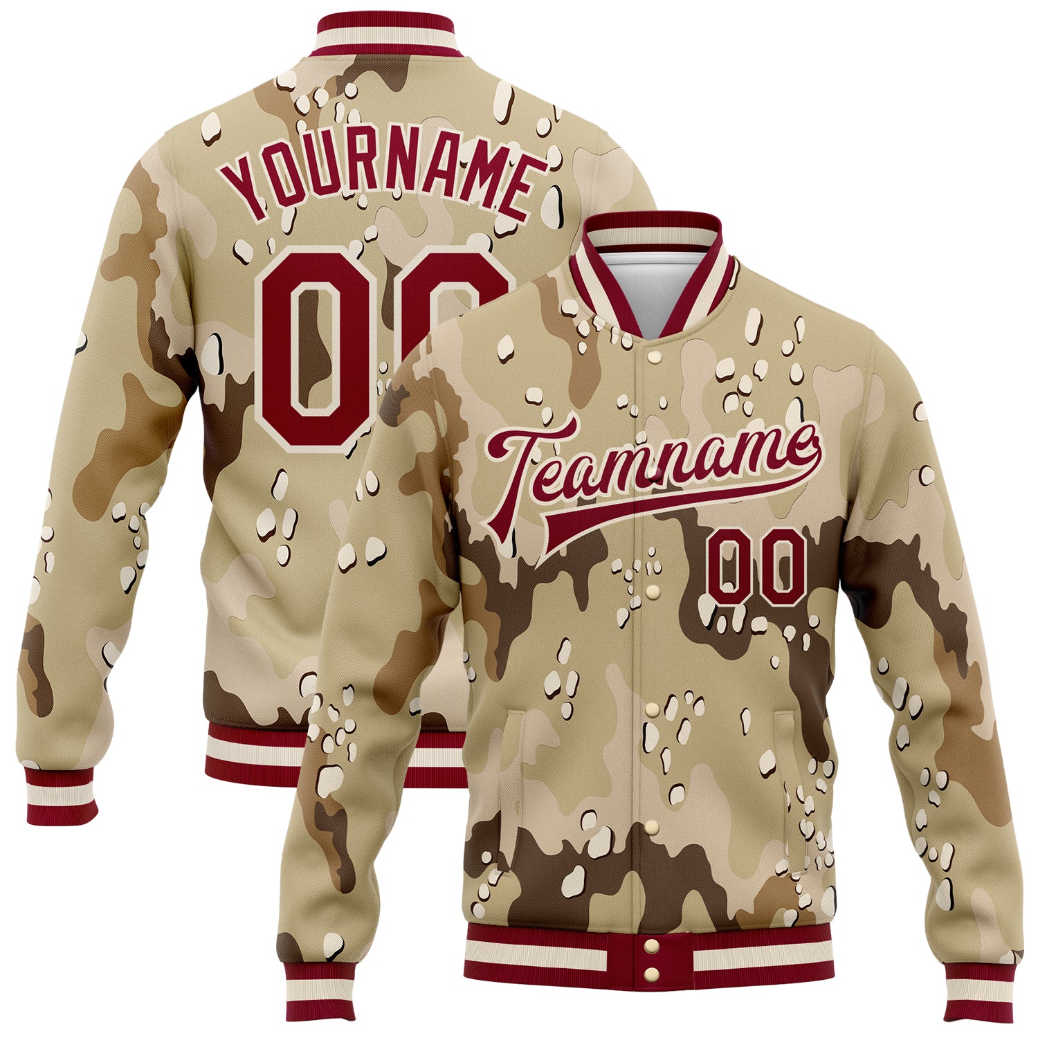 Personalized Maroon Cream Camo 3D Bomber Varsity Jacket - Full-Snap Salute To Service Letterman Jacket Personalized Camo