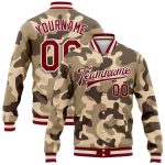 Personalized Desert Camouflage Bomber Jacket Maroon-Cream 3D Varsity Letterman Salute To Service Full-Snap Personalized Camo