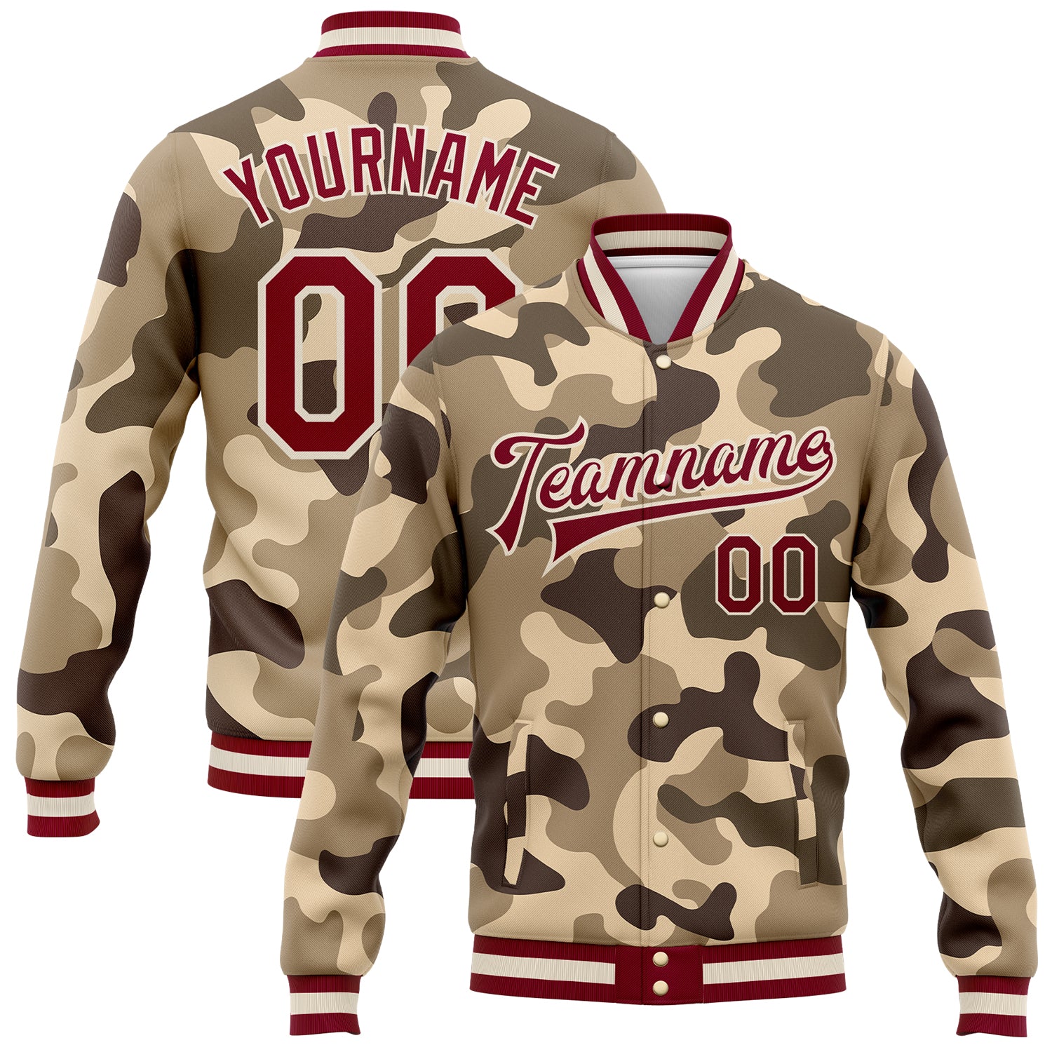 Personalized Desert Camouflage Bomber Jacket Maroon-Cream 3D Varsity Letterman Salute To Service Full-Snap Personalized Camo