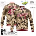 Personalized Desert Camouflage Bomber Jacket Maroon-Cream 3D Varsity Letterman Salute To Service Full-Snap Personalized Camo
