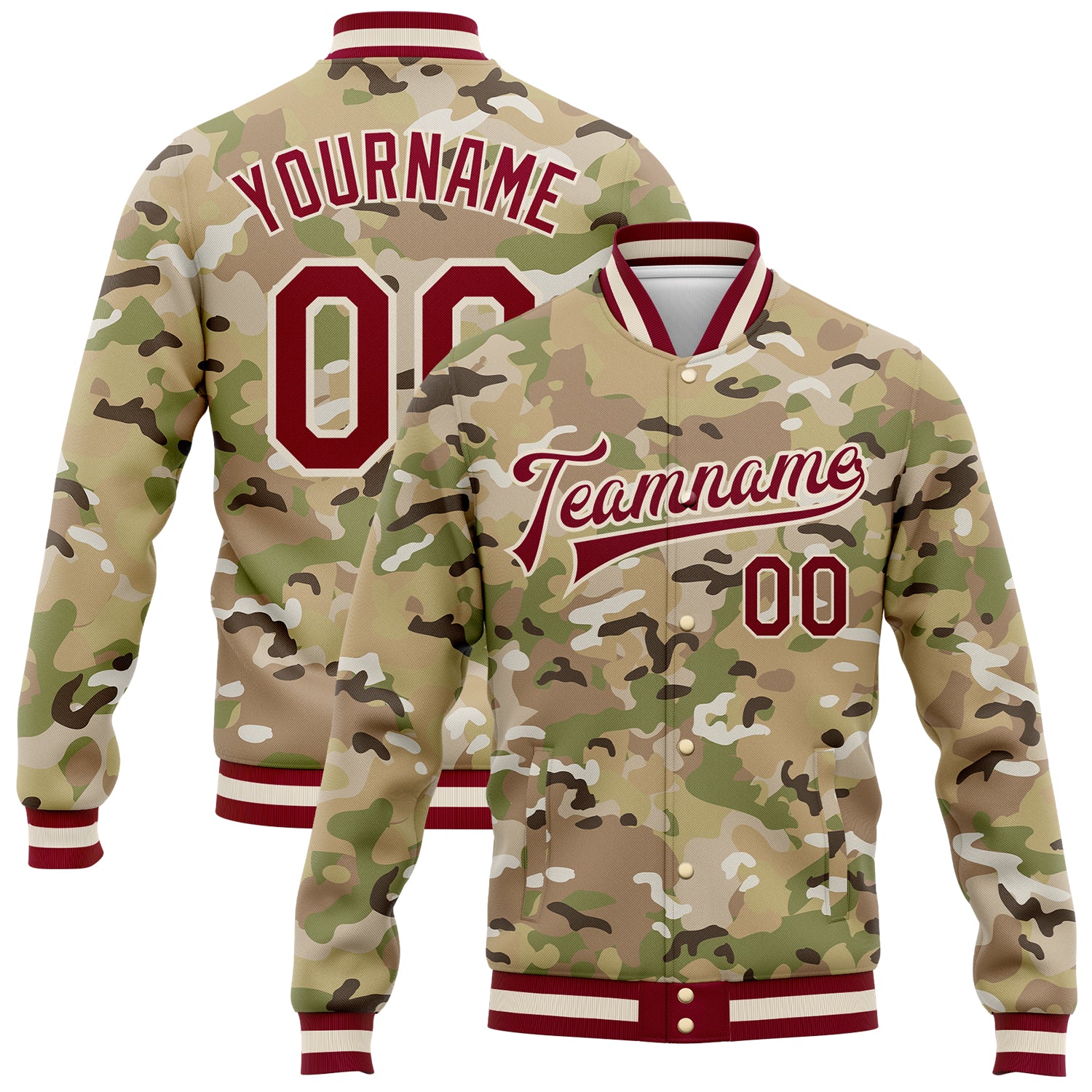 Personalized Maroon-Cream Camo 3D Bomber Full-Snap Letterman Jacket - Salute To Service Personalized Camo Maroon-Cream Desert