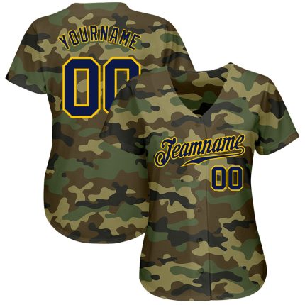 Personalized Navy Gold Camo Salute To Service Baseball Jersey for Men Personalized Camo Navy-Gold Salute To Service Baseball