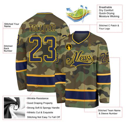 Personalized Camo Navy Gold Hockey Jersey - Salute to Service Design Personalized Camo Navy-Gold Salute To Service Hockey