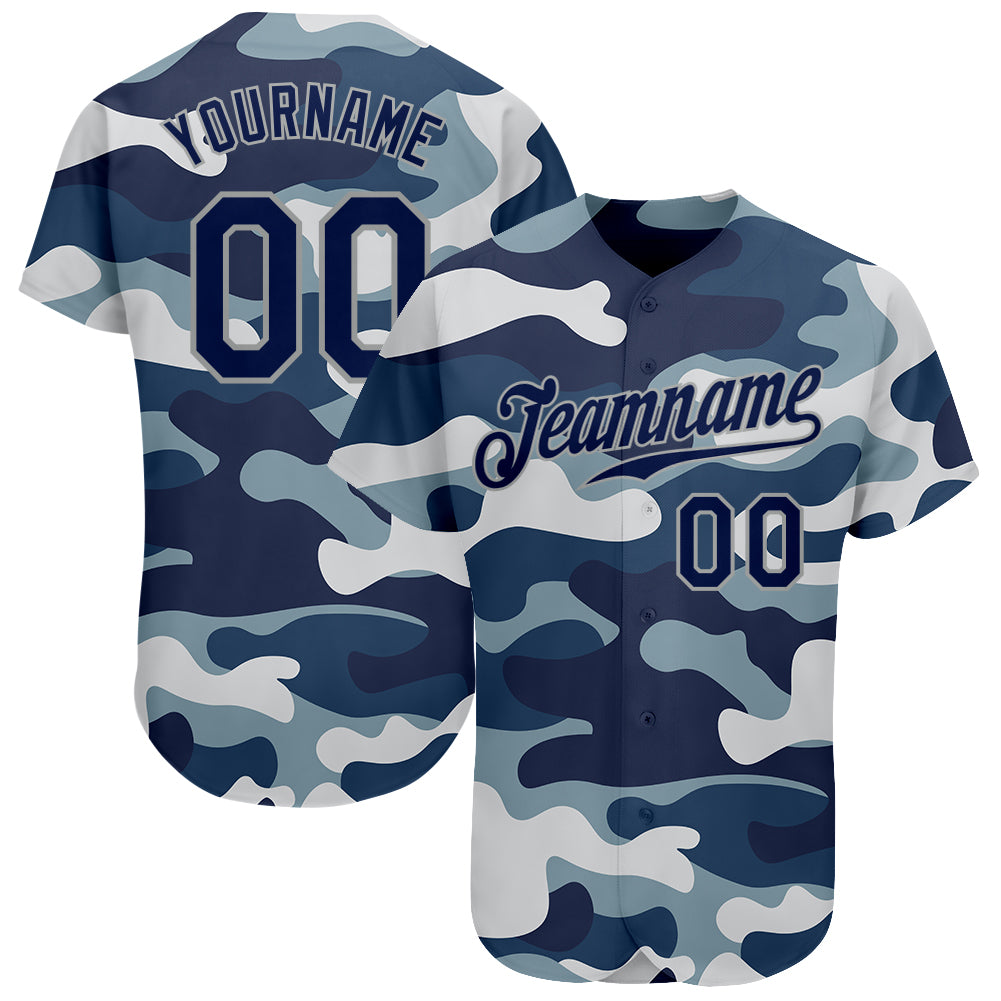 Custom Name Number Navy-Gray Camo Salute to Service Baseball Jersey - Personalized Team Apparel Personalized Camo Navy-Gray