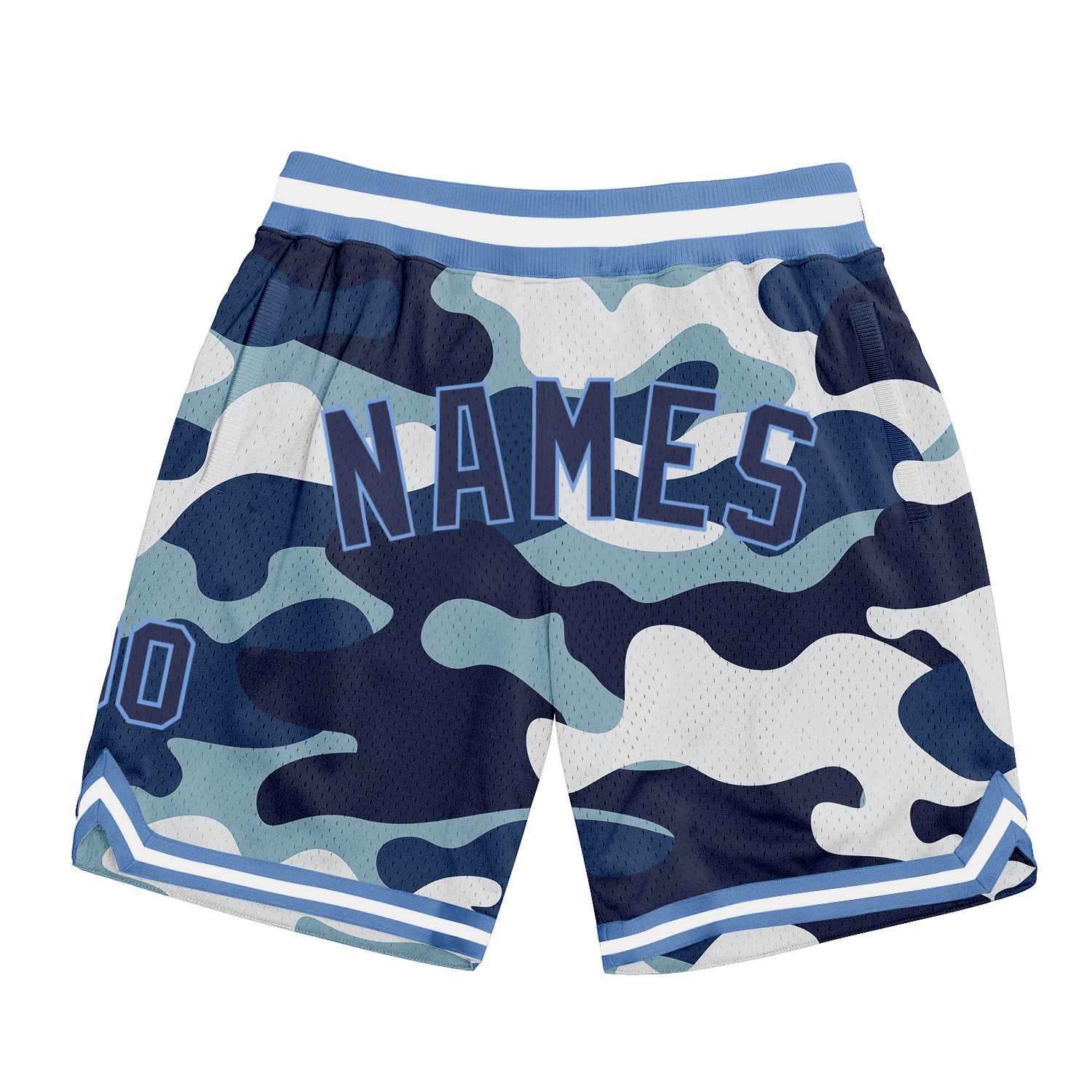 Custom Team Name and Number Navy-Light Blue Camo Basketball Shorts - Personalized Salute to Service Style Personalized Camo