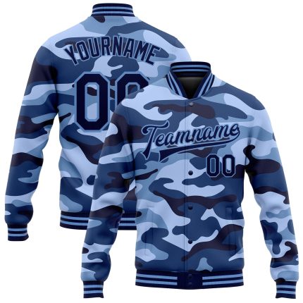Personalized Navy-Light Blue Camo 3D Bomber Varsity Letterman Jacket - Salute to Service Personalized Camo Navy-Light Blue