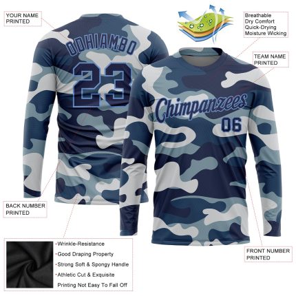 Personalized Camo Long Sleeve Performance T-Shirt - Navy Light Blue Salute to Service Design Personalized Camo Navy-Light