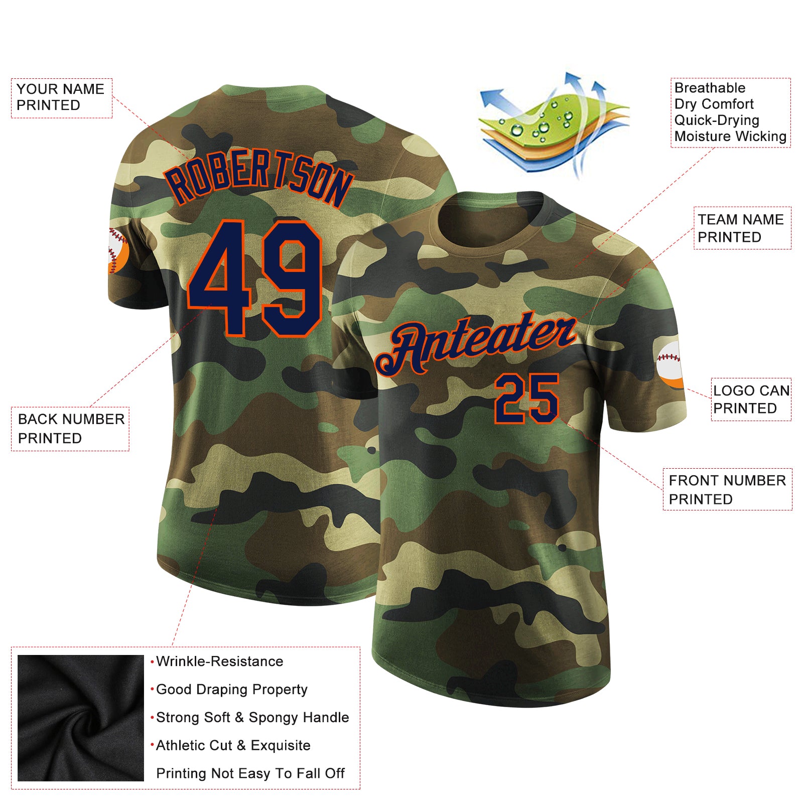 Personalized Camo Navy-Orange Performance Salute To Service T-Shirt Team Custom Name and Number Custom Name and Number Salute To Service T-Shirt Navy Orange Camo Performance Gear Personalized Camo Navy-Orange Performance - Image 2