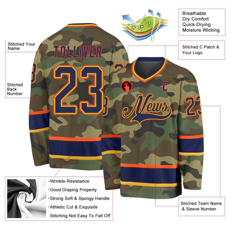 Personalized Camo Hockey Jersey - Navy Orange Salute To Service Design Personalized Camo Navy-Orange Salute To Service Hockey