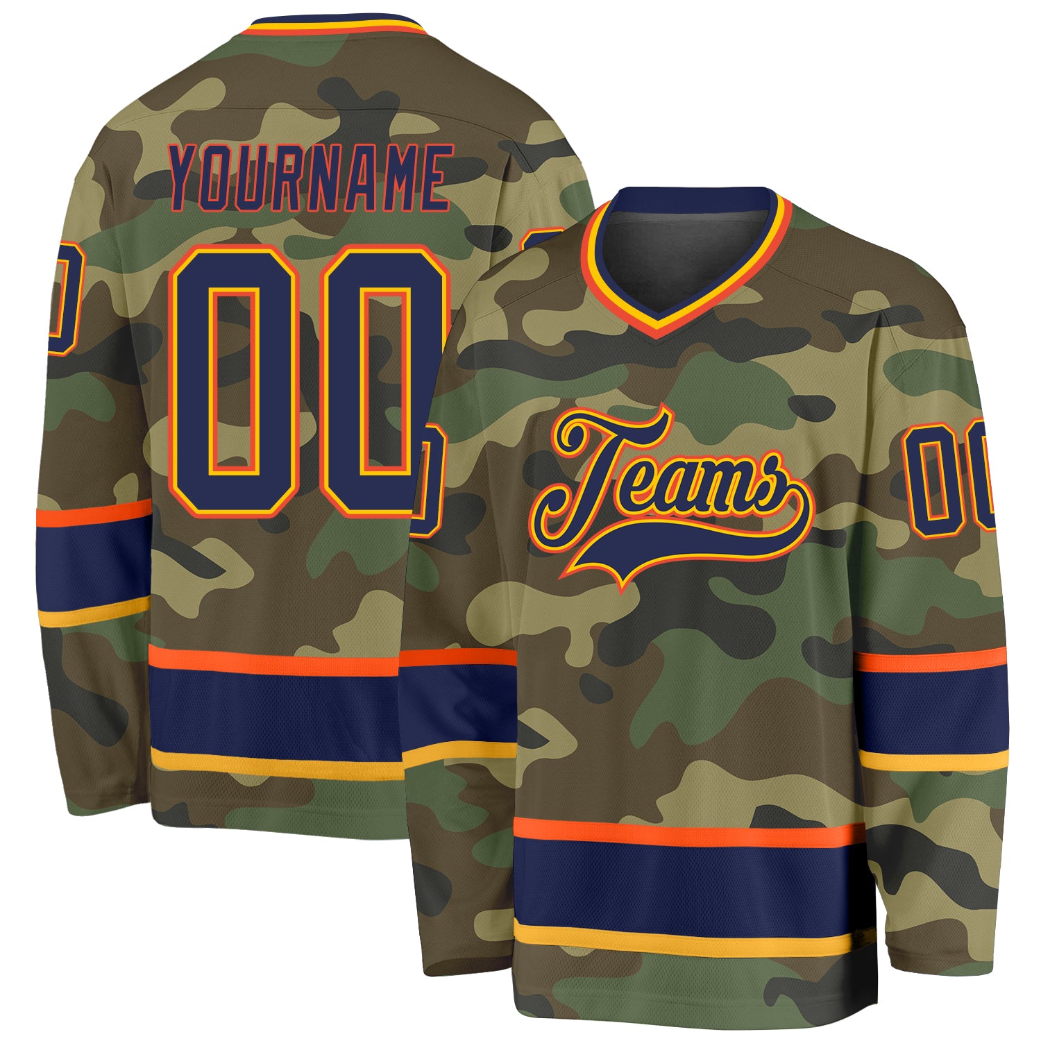 Custom Name and Number Personalized Salute to Service Hockey Jersey, Navy-Orange Camo Team Design Personalized Camo Navy-Orange