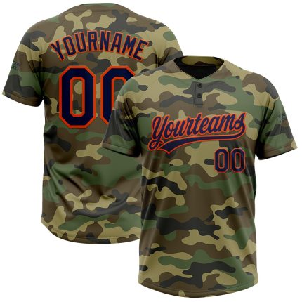 Custom Name and Number Camo Navy-Orange Salute to Service Softball Jersey Unisex Two-Button Personalized Camo Navy-Orange