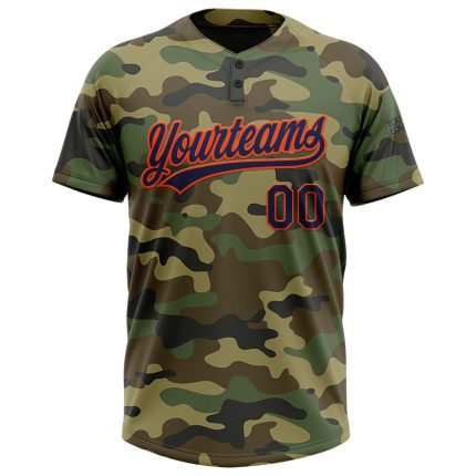 Custom Name and Number Camo Navy-Orange Salute to Service Softball Jersey Unisex Two-Button Personalized Camo Navy-Orange