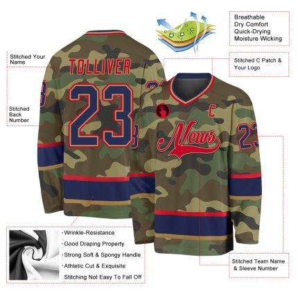 Custom Name Number Camo Navy-Red Hockey Jersey Personalized Salute to Service Team Personalized Camo Navy-Red Salute To Service