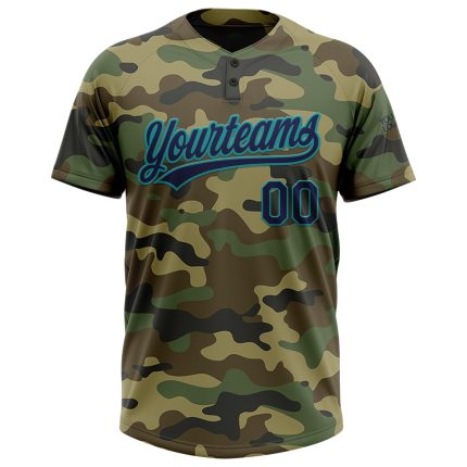 Custom Name and Number Camo Navy-Teal Softball Jersey Unisex Two-Button Personalized Salute to Service Team Apparel Personalized