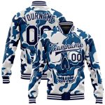 Camo Skull Fashion Jacket for Men - Navy White 3D Bomber Varsity Letterman Salute to Service Full-Snap Personalized Camo