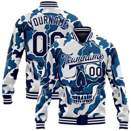 Camo Skull Fashion Jacket for Men - Navy White 3D Bomber Varsity Letterman Salute to Service Full-Snap Personalized Camo