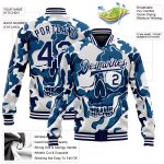 Camo Skull Fashion Jacket for Men - Navy White 3D Bomber Varsity Letterman Salute to Service Full-Snap Personalized Camo
