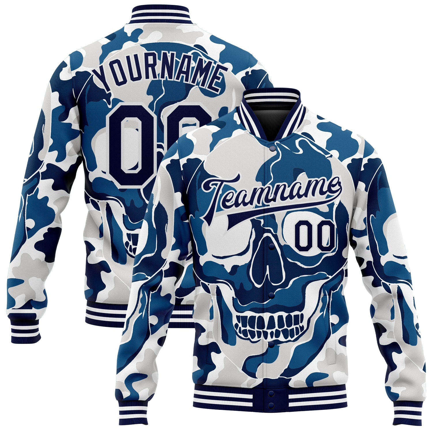 Custom Name Navy Camo Skull 3D Bomber Jacket Varsity Letterman Salute to Service with Personalized Number Personalized Camo