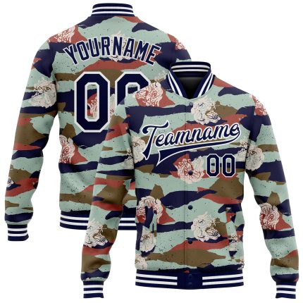 Custom Name & Number Camo Navy-White Tiger 3D Pattern Bomber Varsity Letterman Jacket - Salute to Service Design Personalized