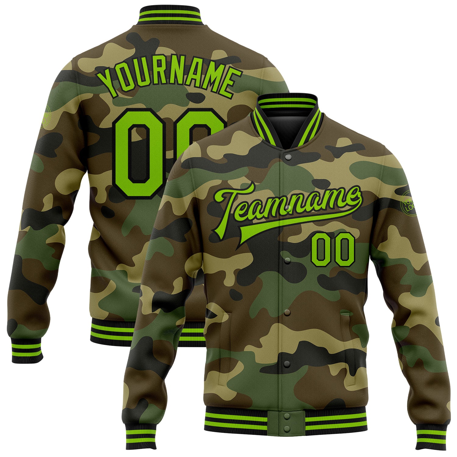 Personalized Neon Green-Black Camo Varsity Jacket Full-Snap Bomber Salute to Service Personalized Camo Neon Green-Black Bomber
