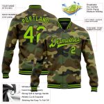 Custom Neon Green-Black Camo Bomber Jacket with Team Name and Number - Full-Snap Varsity Letterman Salute To Service Personalized