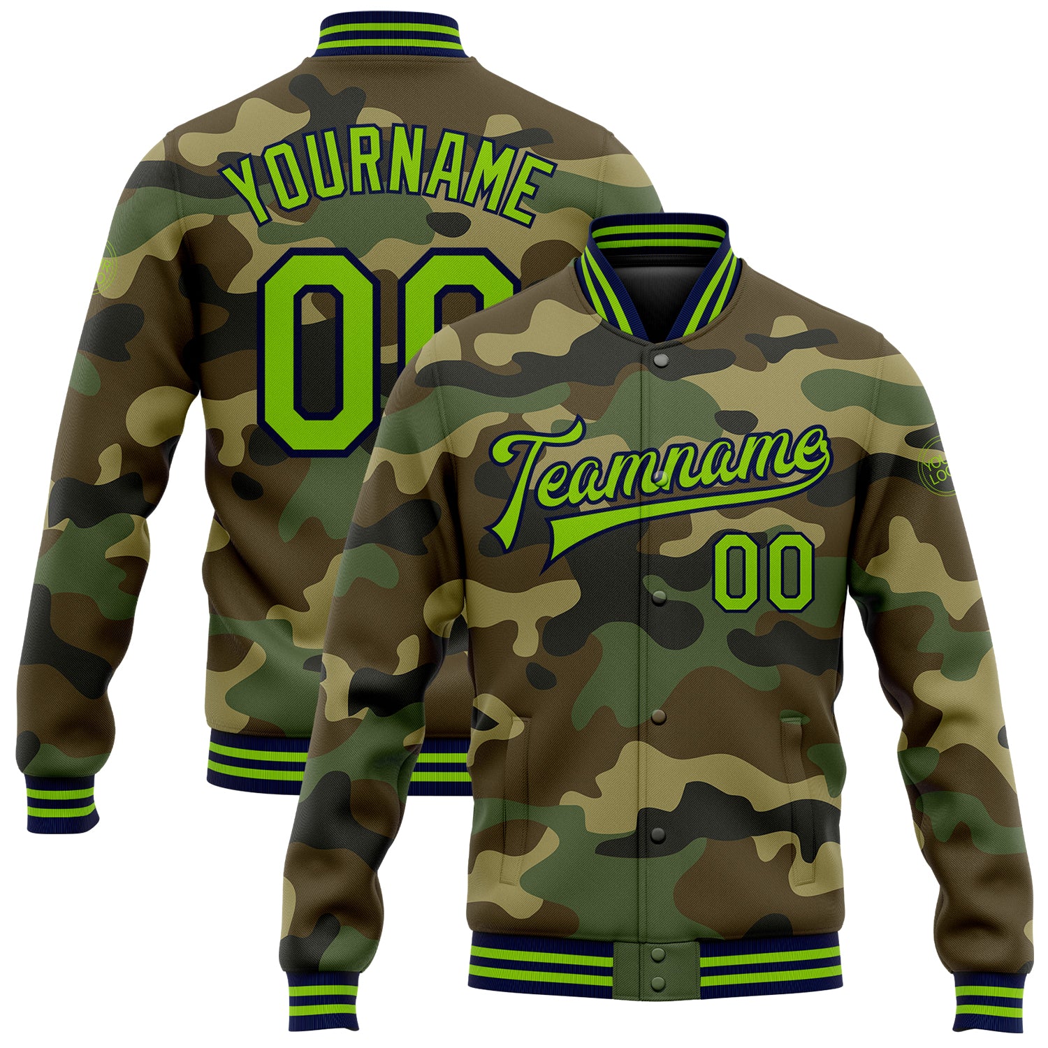 Personalized Neon Green Navy Camo Bomber Jacket Full-Snap Varsity Letterman Salute To Service Personalized Camo Neon Green-Navy