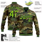 Custom Name and Number Camo Neon Green-Navy Bomber Varsity Letterman Jacket - Salute to Service Design Personalized Camo