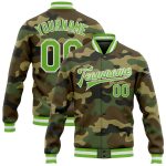 Custom Camo Varsity Jacket Neon Green-White Full-Snap Salute to Service Bomber Personalized Camo Neon Green-White Bomber