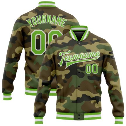 Custom Camo Varsity Jacket Neon Green-White Full-Snap Salute to Service Bomber Personalized Camo Neon Green-White Bomber