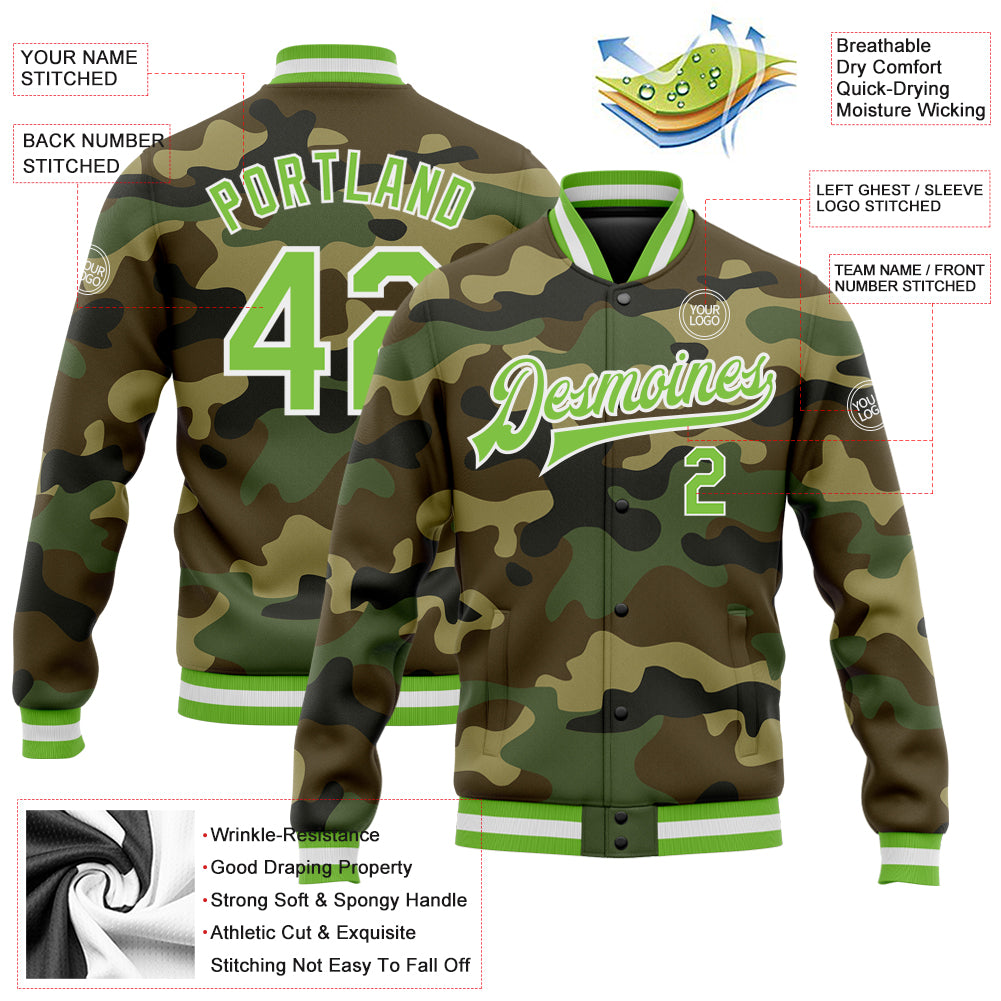 Custom Camo Varsity Jacket Neon Green-White Full-Snap Salute to Service Bomber Personalized Camo Neon Green-White Bomber - Image 5