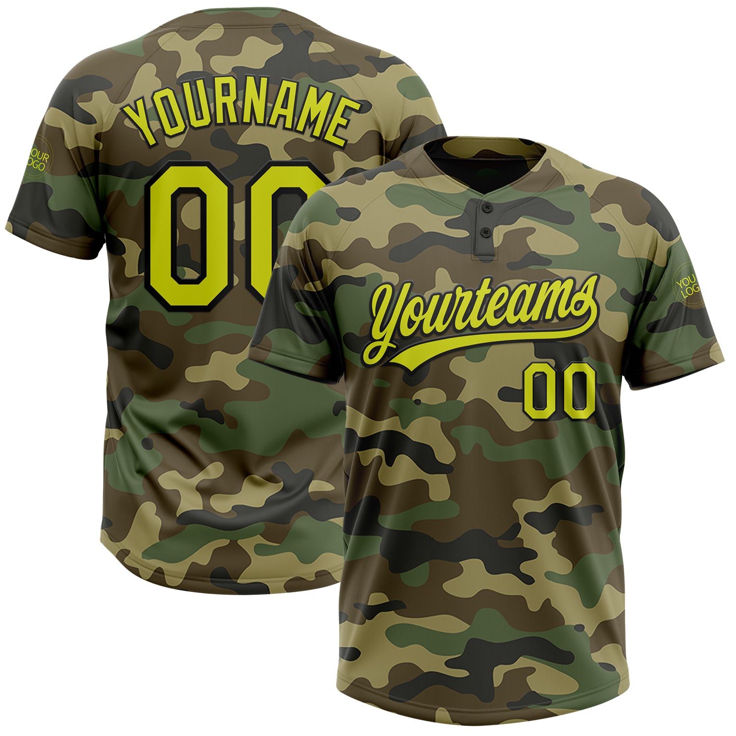 Custom Name Number Camo Softball Jersey Neon Yellow Black Unisex Salute to Service Two-Button Design Personalized Camo Neon