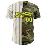 Personalized Neon Yellow Camo Cream-Black Pinstripe Baseball Jersey - Salute to Service Design Personalized Camo Neon Yellow