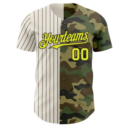 Personalized Neon Yellow Camo Cream-Black Pinstripe Baseball Jersey - Salute to Service Design Personalized Camo Neon Yellow