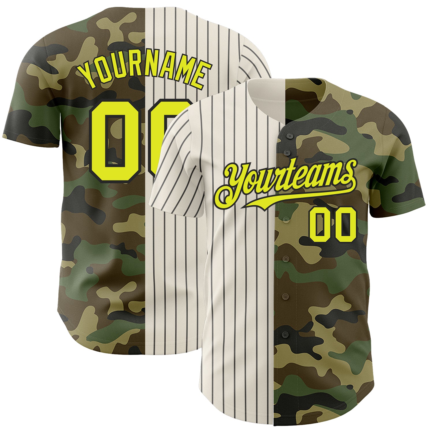 Personalized Neon Yellow Camo Cream-Black Pinstripe Baseball Jersey - Salute to Service Design Personalized Camo Neon Yellow