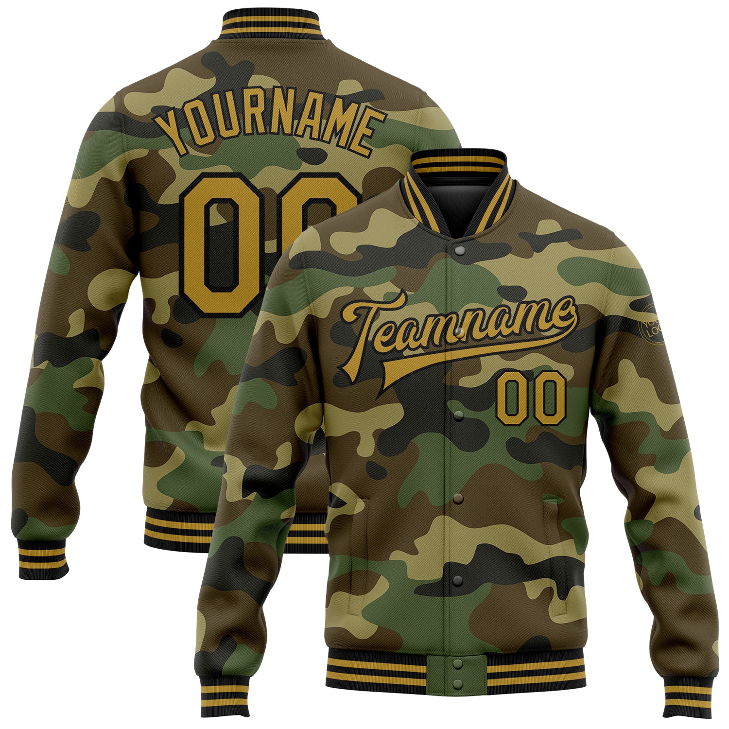 Custom Name Number Camo Bomber Jacket Salute To Service Old Gold Black Varsity Letterman Full-Snap Design Personalized Camo