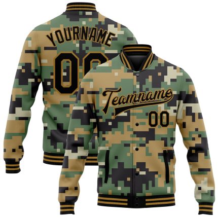 Custom Name & Number Personalized Camo Varsity Jacket - Old Gold Black 3D Digital Camouflage Bomber Full-Snap Letterman Personalized