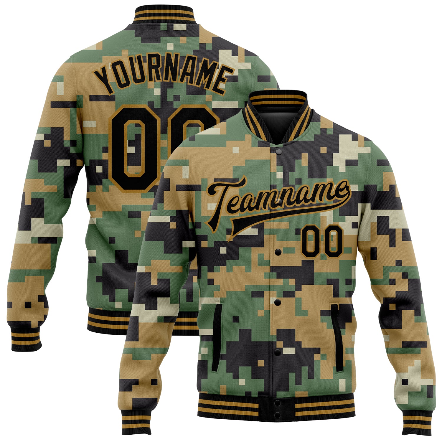 Personalized Old Gold Black Camo 3D Bomber Jacket Varsity Full-Snap Letterman Salute to Service Personalized Camo Old Gold-Black