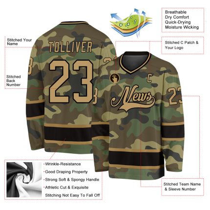 Personalized Camo Hockey Jersey - Old Gold and Black Salute To Service Personalized Camo Old Gold-Black Salute To Service
